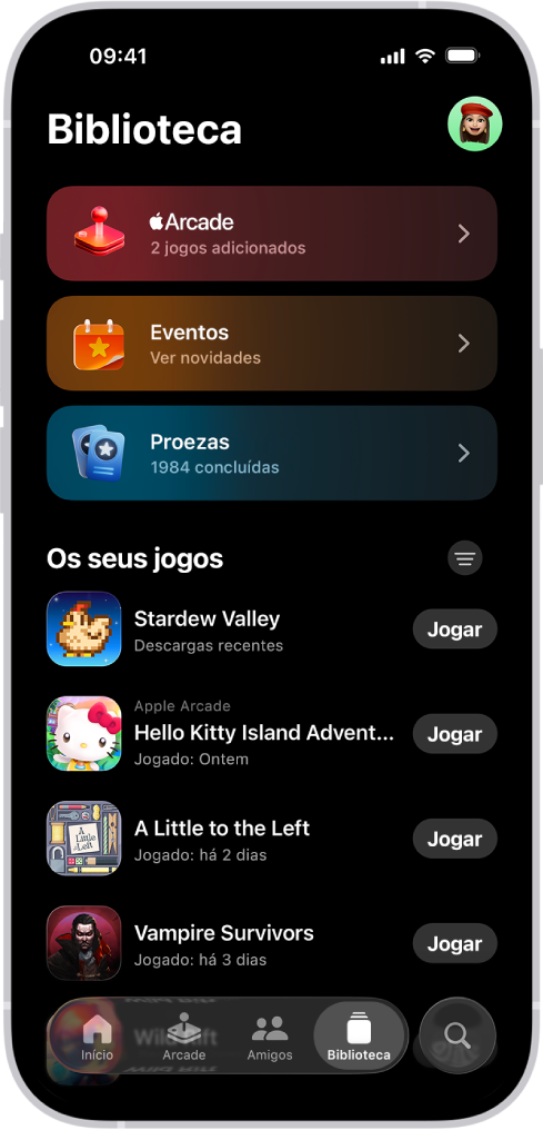 A aplicação Jogos a mostrar o separador “Biblioteca” com secções para Apple Arcade, eventos de jogos, proezas e uma lista deslocável de jogos que descarregou ou em que jogou recentemente.