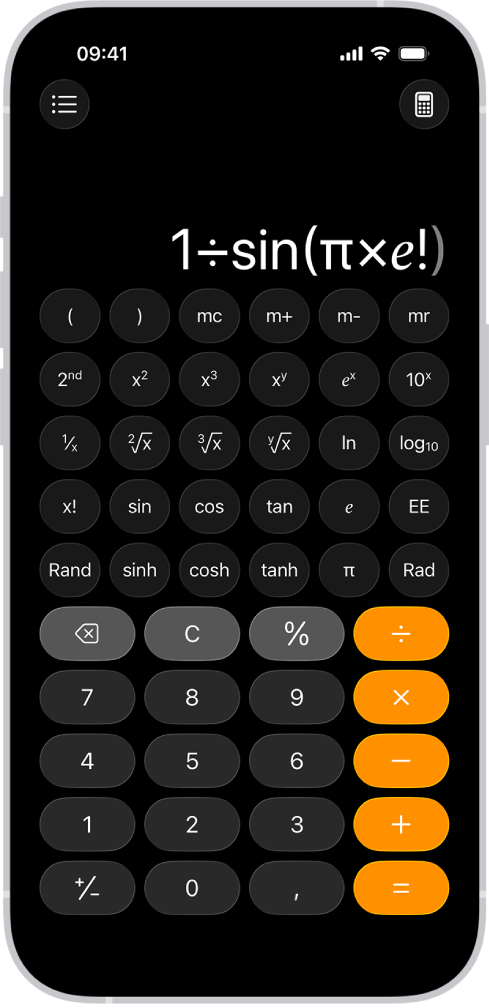 O iPhone mostra a calculadora científica com funções de memória, exponenciais, logarítmicas e trigonométricas.