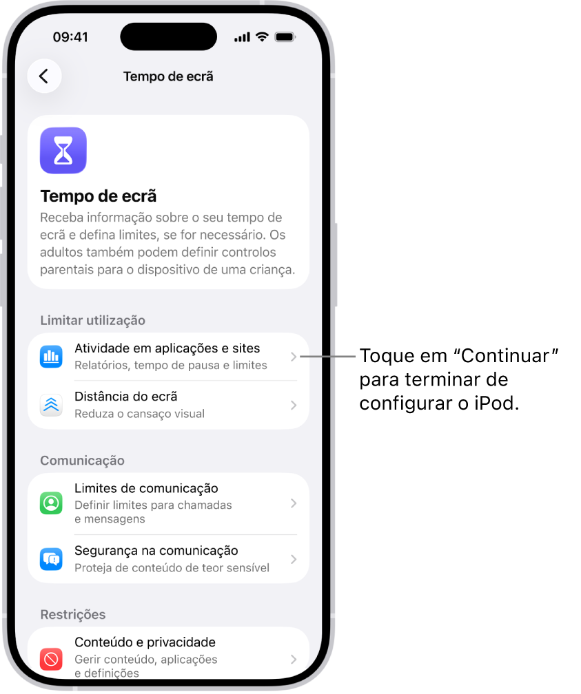 O ecrã para configurar Tempo de ecrã a mostrar que toca em “Atividade em aplicações e sites” para começar.