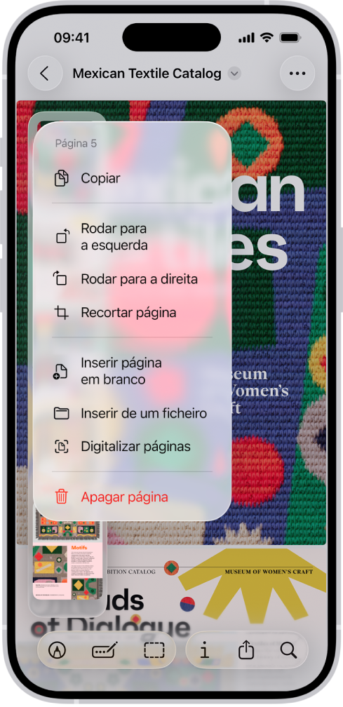 Um catálogo PDF com miniaturas à esquerda. A última miniatura está realçada e, por cima, está um menu com as opções “Copiar”, “Rodar para a esquerda”, “Rodar para a direita”, “Recortar página”, “Inserir página em branco”, “Inserir de um ficheiro”, “Digitalizar páginas” e “Apagar página”.