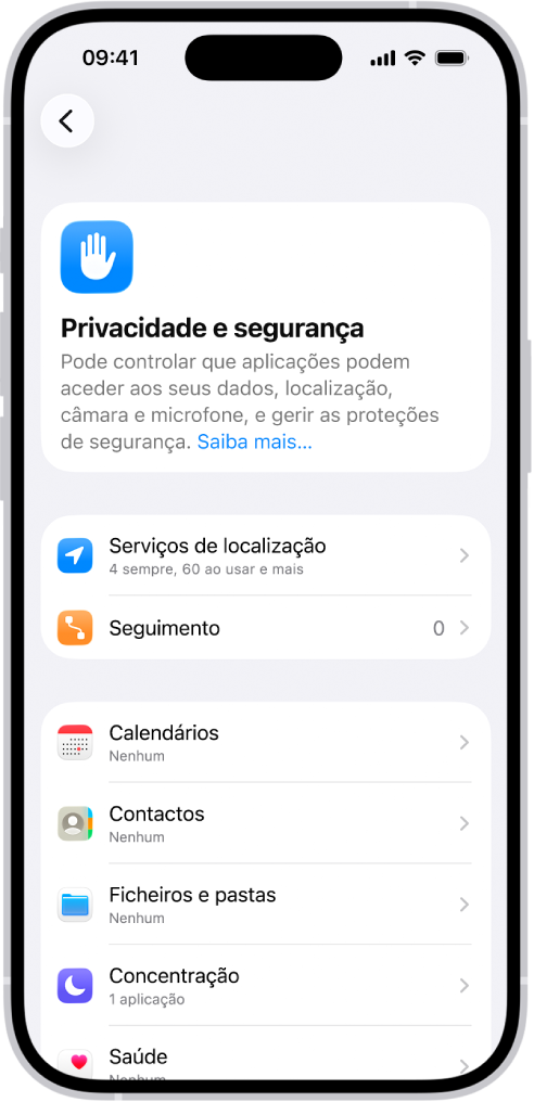O ecrã Privacidade e segurança nas Definições.