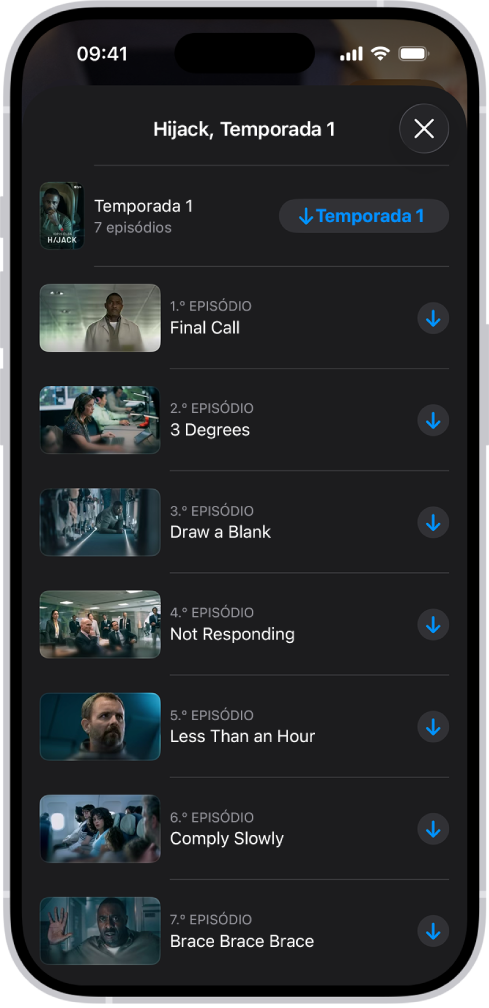 O separador “Apple TV” a mostrar uma lista de episódios de um Apple Original. Os botões para descarregar a temporada inteira e cada episódio aparecem no lado direito do ecrã.