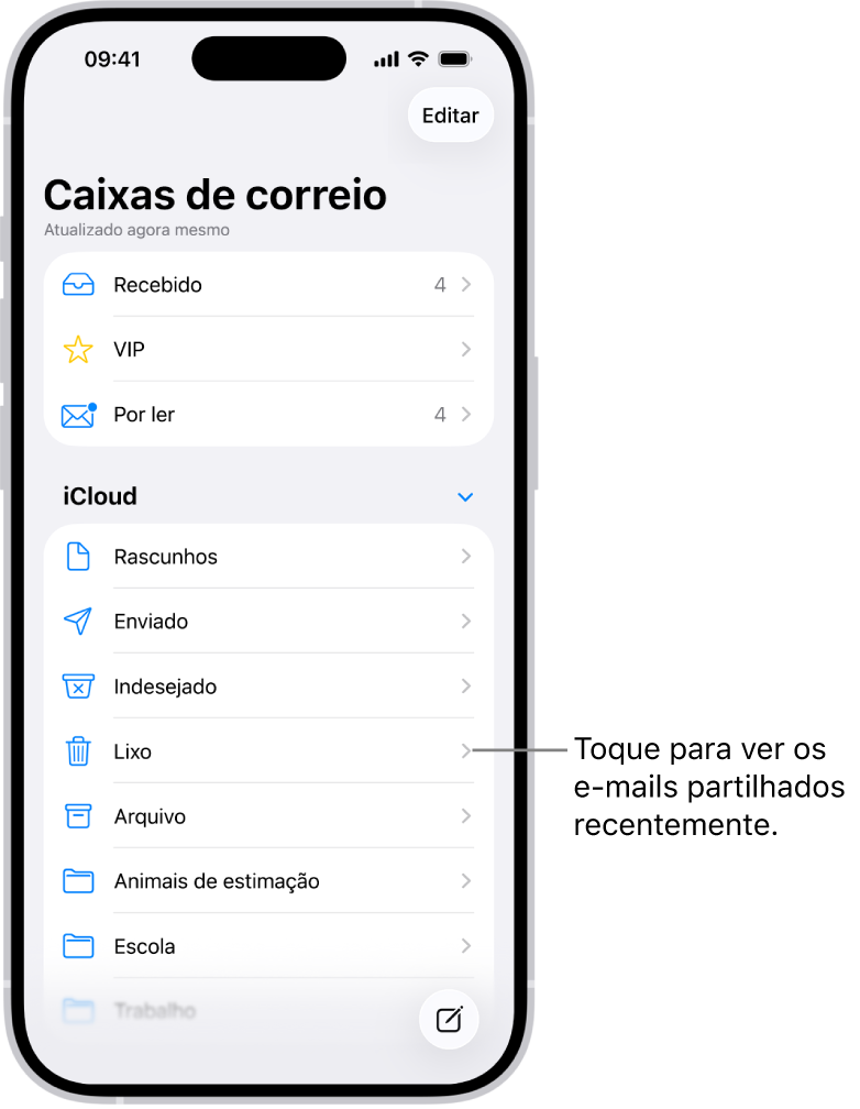 O ecrã das caixas de correio. Sob iCloud, as caixas de correio são listadas de cima para baixo, incluindo a caixa de correio Lixo. Toque-lhe para ver as mensagens apagadas recentemente.