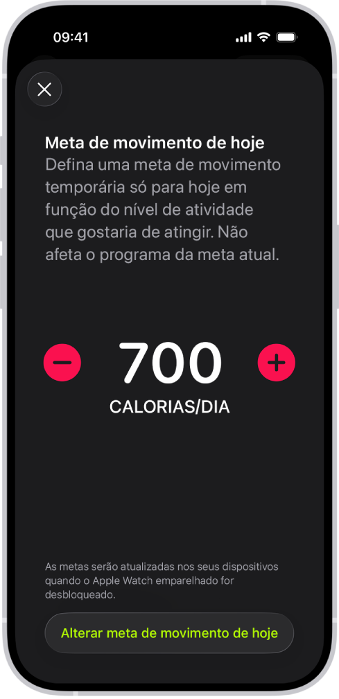 O ecrã “Programa da meta de movimento” da aplicação Fitness a mostrar os botões para aumentar ou reduzir a meta de movimento por dia da semana.