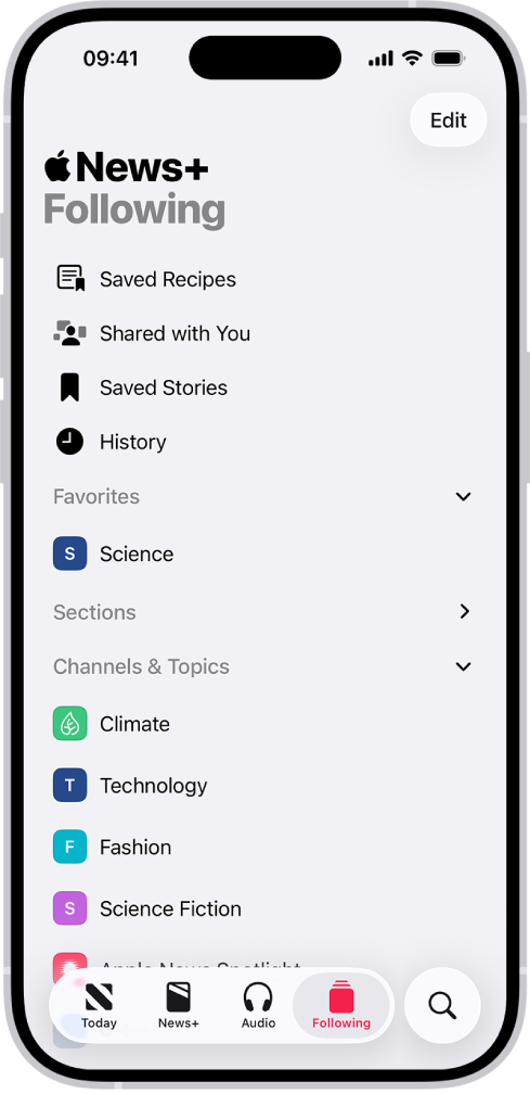 Canais e tópicos seguidos.