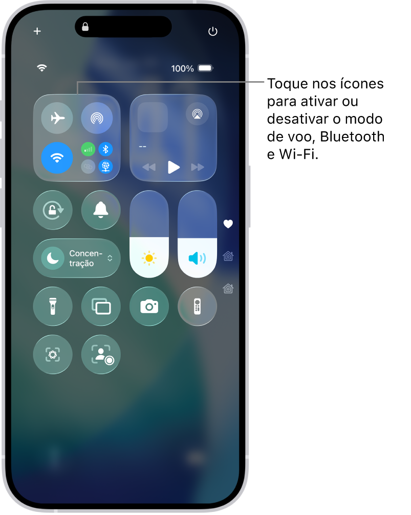 O ecrã da central de controlo mostra que um toque no botão no canto superior esquerdo ativa o modo de voo.