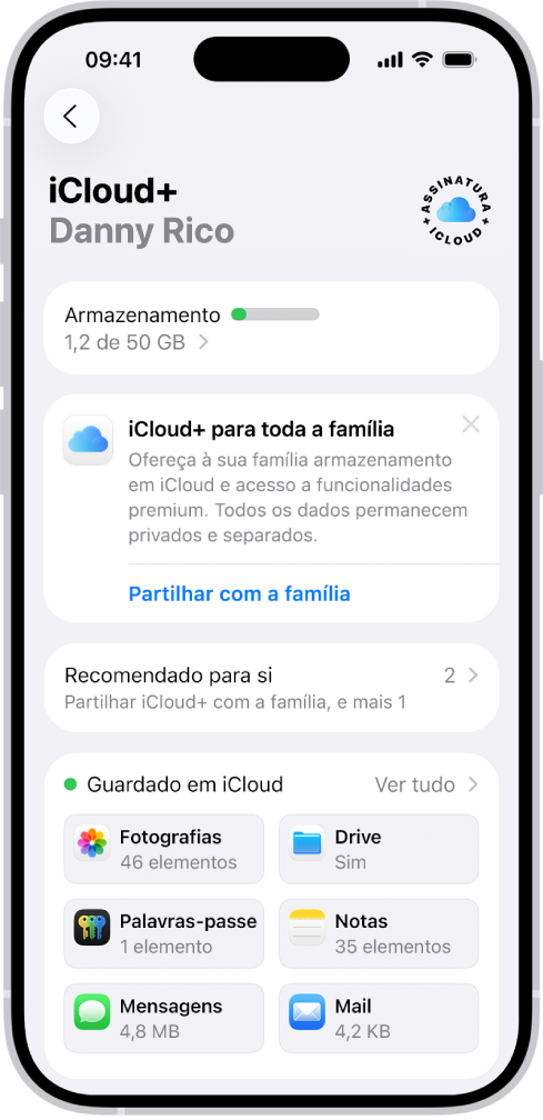 Ecrã das definições de iCloud, com o indicador de armazenamento em iCloud e uma lista de funcionalidades, incluindo Fotografias, iCloud Drive e Cópia em iCloud que podem ser usados com iCloud.