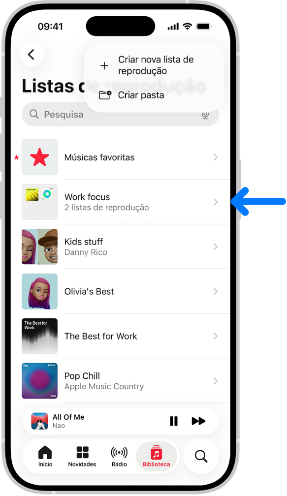 O separador Biblioteca a mostrar uma lista da lista de reproduções. Na parte superior estão os botões para criar uma nova lista de reprodução ou cria uma nova pasta. Uma seta azul a apontar para a pasta de uma lista de reprodução com o nome modo de concentração “Trabalhar”.