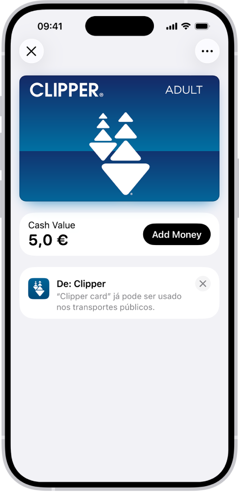 Um passe na aplicação Carteira. Por baixo está o saldo do cartão, ao lado do botão "Adicionar dinheiro”.