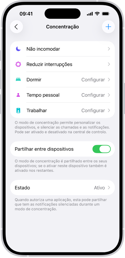 Um ecrã mostra as quatro opções de modo de concentração fornecidas: Não incomodar, Pessoal, Dormir e Trabalhar. O botão “Partilhar entre dispositivos” permite usar o mesmo modo de concentração em todos os seus dispositivos Apple onde iniciou sessão com a mesma conta Apple.