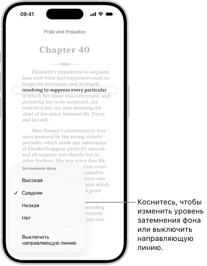 Страница книги в приложении «Книги». Одна строка подсвечена, остальной текст затемнен. В левом нижнем углу экрана находится кнопка «Направляющая линия».