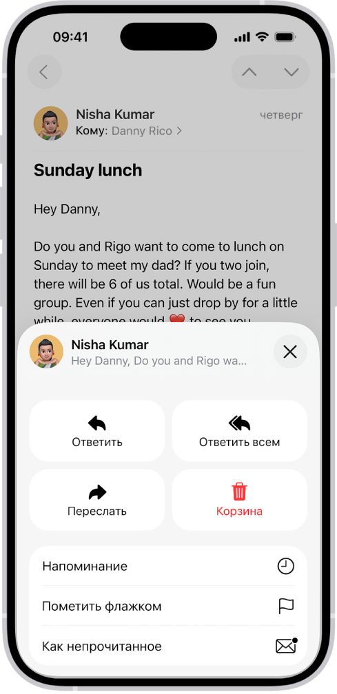 Электронное письмо с вариантами ответа. В середине экрана расположены параметры (слева направо): «Ответить», «Ответить всем», «Переслать» и «Корзина».