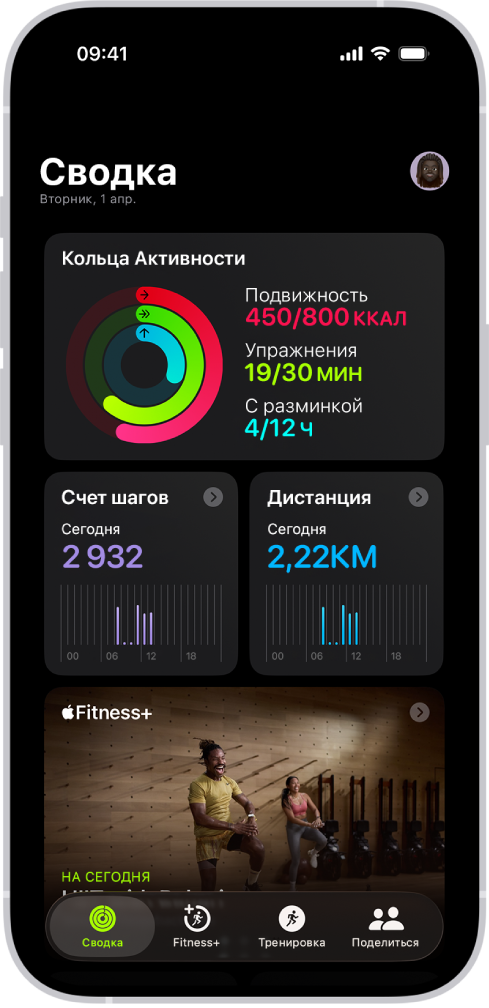 Экран «Сводка» приложения «Фитнес». На экране показаны области «Кольца активности», «Счет шагов», «Дистанция шагов» и «Тренды».