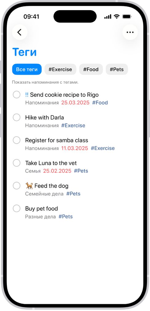 В приложении «Напоминания» показан список напоминаний с тегами. На кнопках вдоль верхнего края экрана показаны другие теги, которые можно применить.