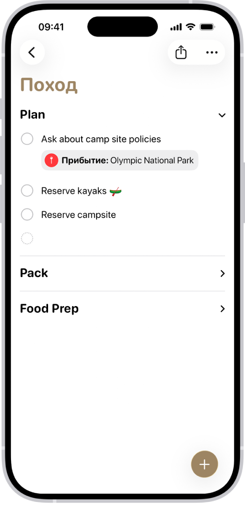 В приложении «Напоминания» отображается список, один раздел которого раскрыт, а остальные свернуты.