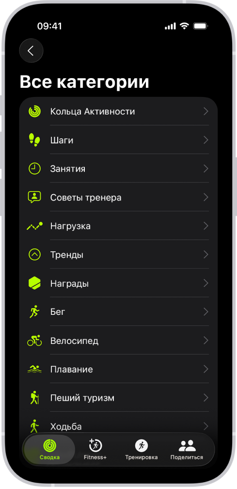 Экран приложения «Фитнес» со списком категорий фитнеса.