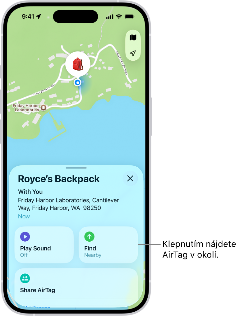 Otvorená apka Nájsť, v ktorej sa zobrazujú Dannyho kľúče v parku Golden Gate Park. Klepnutím na tlačidlo Nájsť zobrazíte polohu AirTagu v blízkosti.
