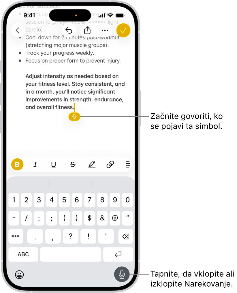 Zaslonska tipkovnica je odprta v aplikaciji Pošta. V spodnjem desnem kotu zaslona je izbran gumb Narekovanje, pod točko vstavljanja v besedilno polje pa se prikaže gumb Narekovanje.