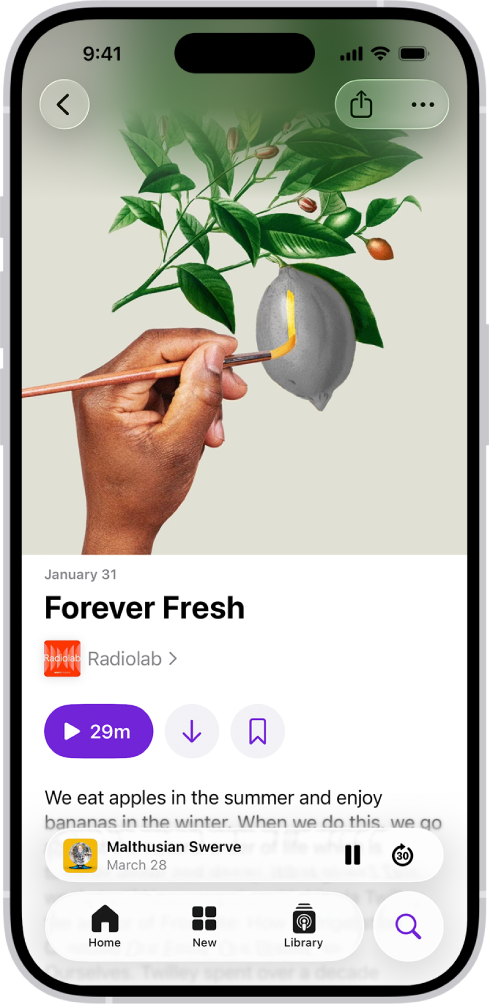 Një ekran që tregon informacionet e episodit në aplikacionin Podcasts. Drejt fundit të ekranit është MiniPlayer. Më poshtë janë butonat Home, New, Library dhe Search