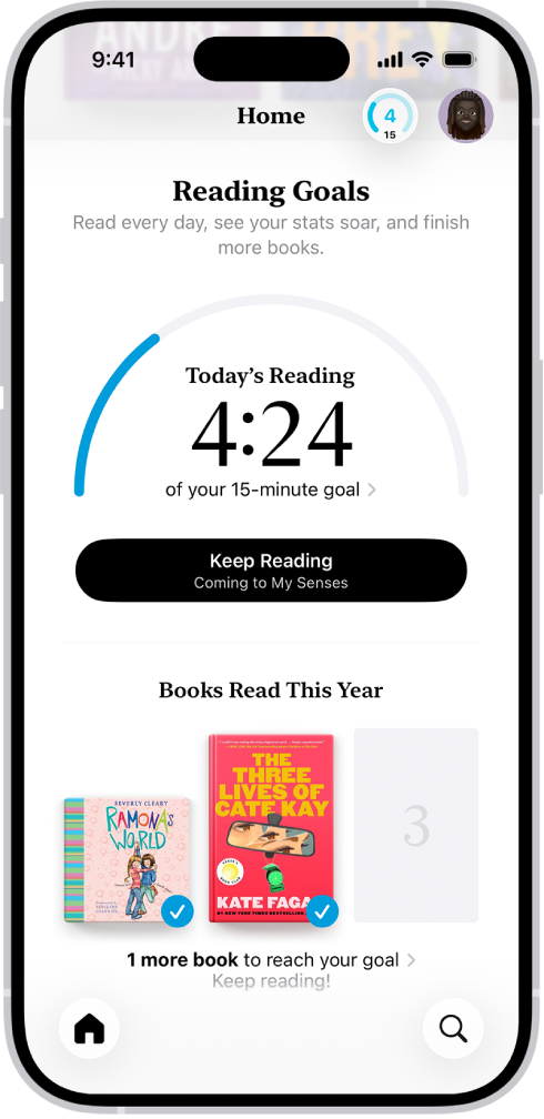 Ekrani Reading Goals tregon statistika për përdoruesin, si p.sh. leximi i sotëm, rekordi i leximit për javën dhe librat e lexuar këtë vit. Në pjesën e poshtme janë skedat Home (e cila është zgjedhur), Library, Book Store, Audiobooks dhe Search.