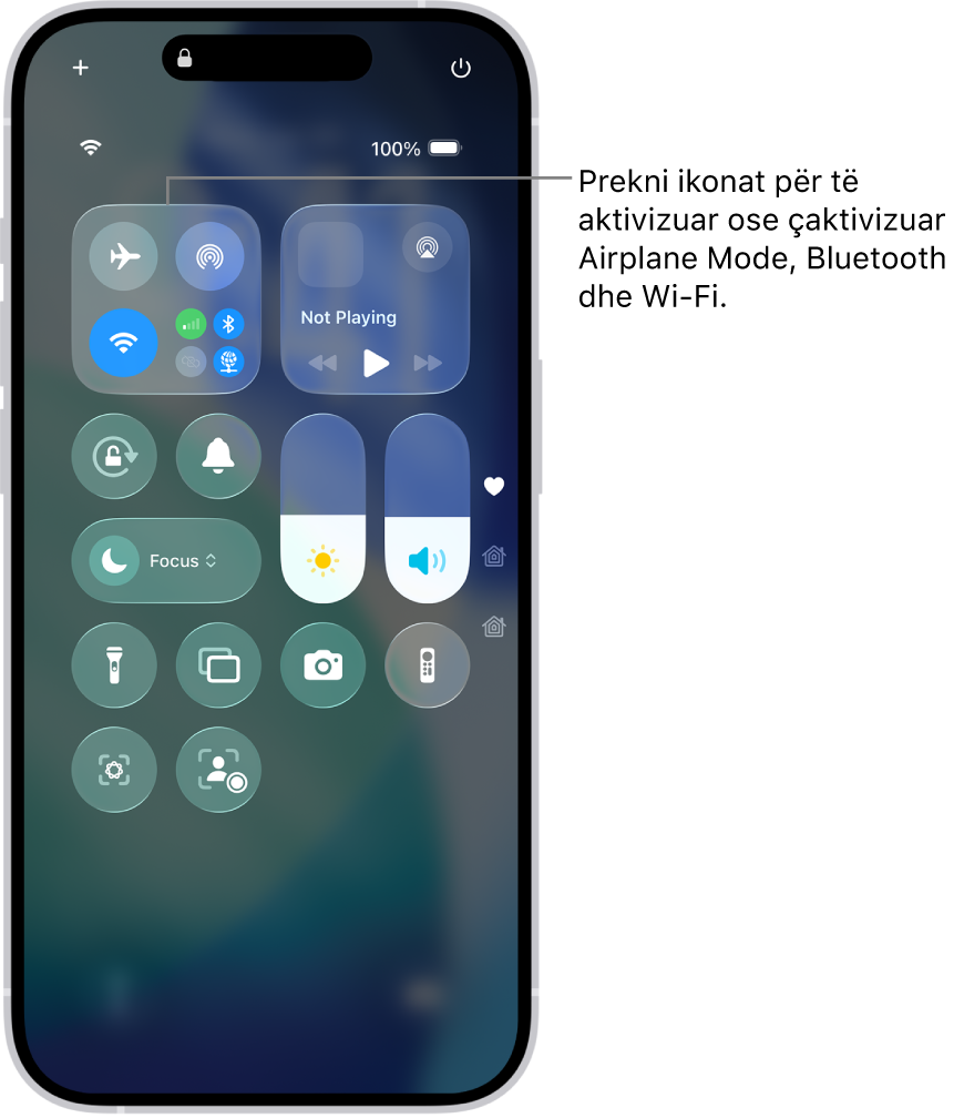 Ekrani Control Center që tregon se prekja e butonit lart majtas aktivizon Airplane Mode.