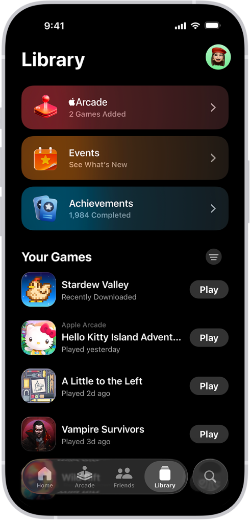 Картица Library апликације Apple Games, заједно са одељцима за Apple Arcade, догађаје у игри и достигнућа, и листом недавно играних и преузетих игара која се може листати.