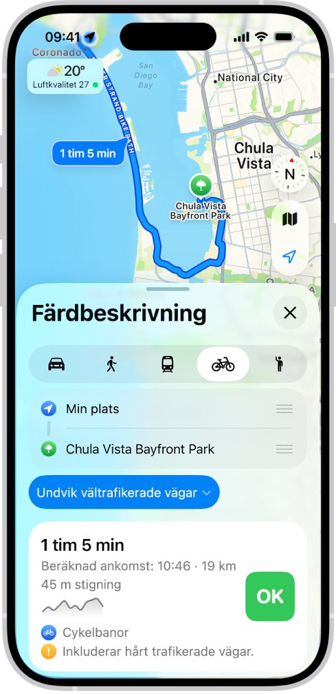 En karta visar alternativ för en cykelrutt. Ruttkortet längst ned visar detaljer, inklusive beräknade restider, höjdändringar och typer av vägar. En OK-knapp visas till höger om detaljerna.