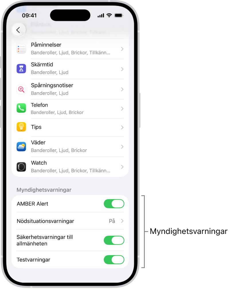 Skärmen Notiser visar Myndighetsvarningar som du kan slå på för att få myndighetsvarningar.