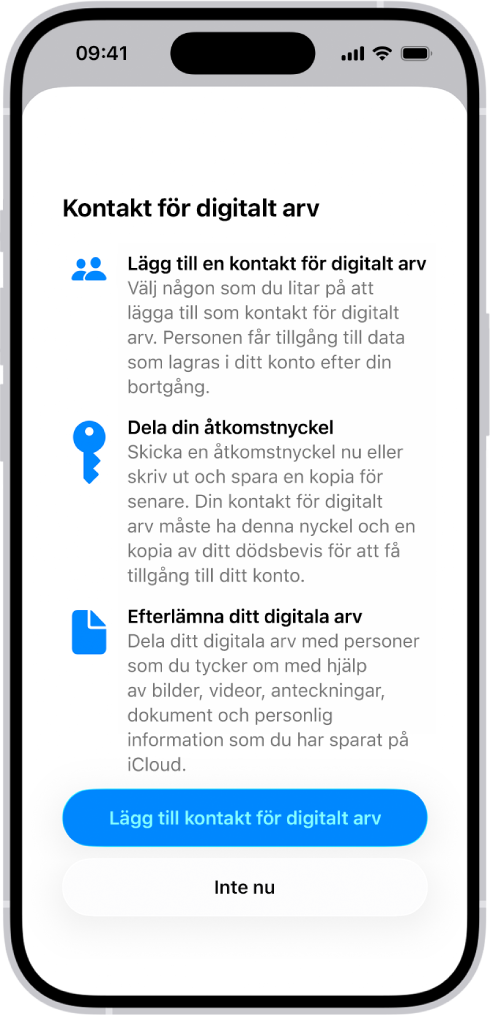 Skärmen Lägg till återställningskontakt med föreslagna kontakter att välja som återställningskontakt samt alternativet att välja någon annan.