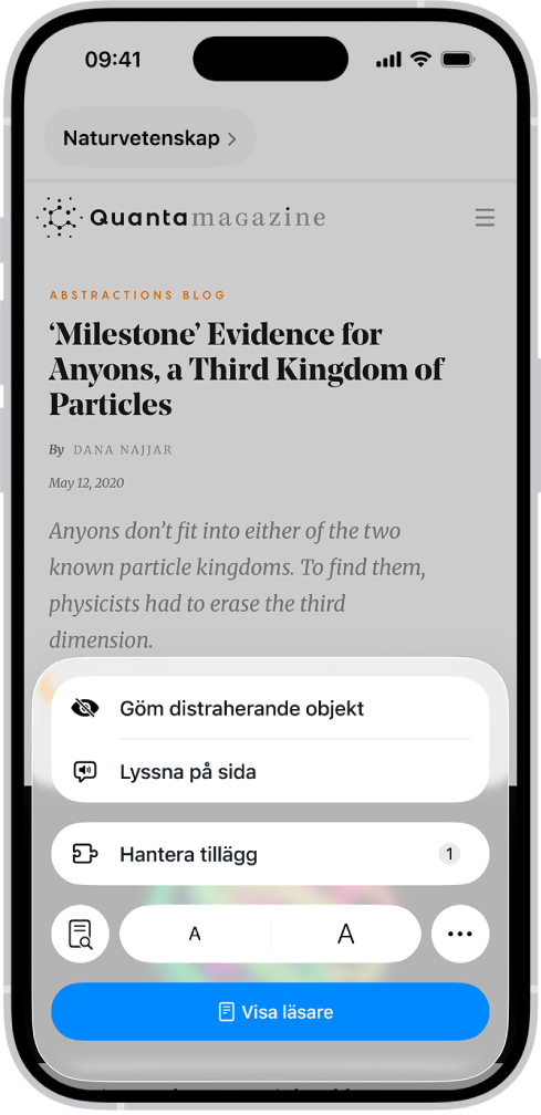 En webbplats är öppen i Safari och adressfältet visar att läsaren är tillgänglig för webbplatsen.