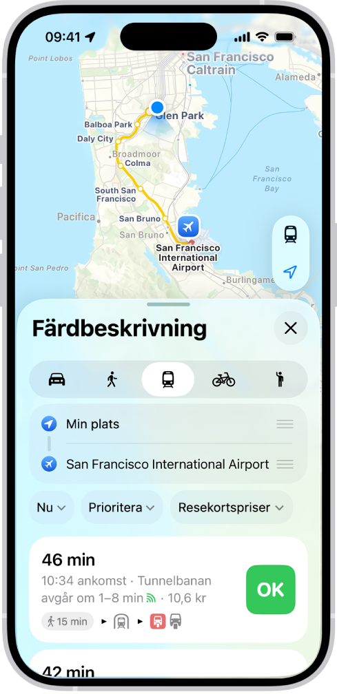 En karta visar rutter med kollektivtrafik. Ruttkortet längst ned visar detaljer för rutten, inklusive beräknad restid och totalkostnad. En OK-knapp visas till höger om detaljerna.