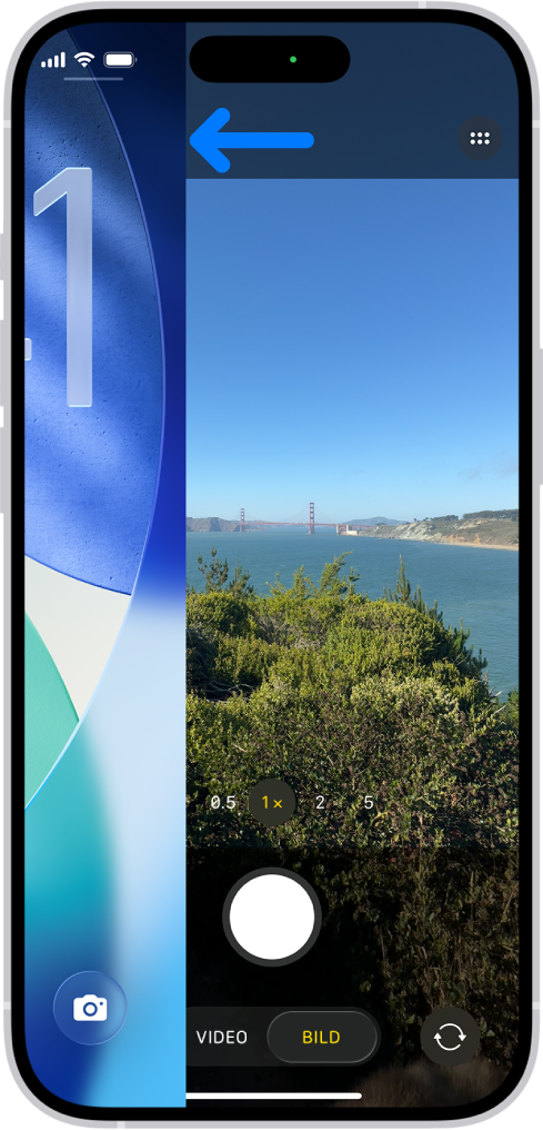 iPhone-skärmen med låsskärmen som någon sveper åt vänster på och Kamera öppnas till höger på skärmen.