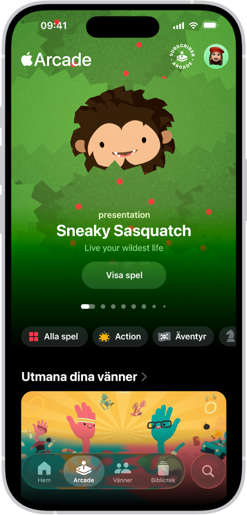 Appen Spel visar fliken Arcade med kampanjmaterial för ett spel i blickfånget. Längst ned på skärmen finns flikarna Hem, Arcade, Vänner, Bibliotek och Sök. Fliken Arcade är vald.