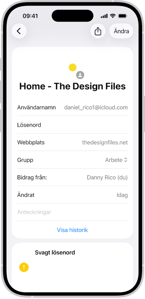 Appen Lösenord visar detaljer för ett konto, inklusive Användarnamn, Lösenord och Webbplats.