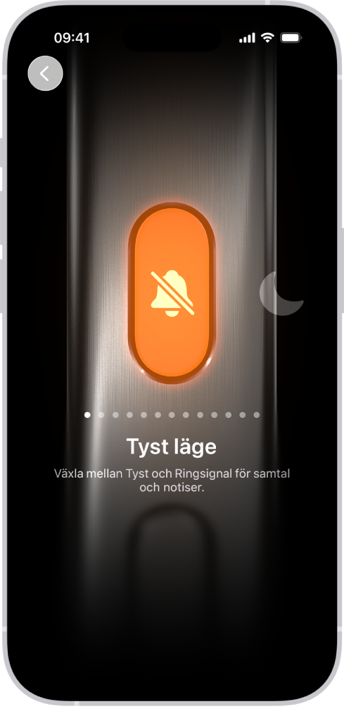 Skärmen för att anpassa snabbknappen. Kameran är den valda åtgärden. Andra funktioner visas till höger och vänster om kameran, inklusive Stör ej och ficklampan. Nedanför åtgärderna finns prickar som du kan trycka på om du vill byta till en annan åtgärd. Nedanför den valda åtgärden, Kamera, finns en meny med kameraalternativ du kan trycka på för att tilldela till snabbknappen.
