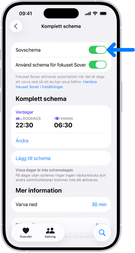 Sömnskärmen Komplett schema i Hälsa med Sovschema aktiverat högst upp.