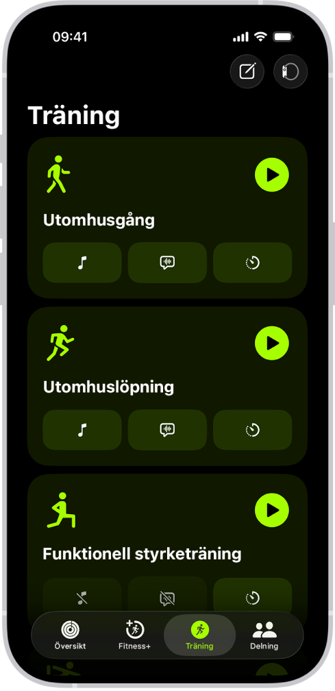 Träningsskärmen i Fitness visar tre träningspass.