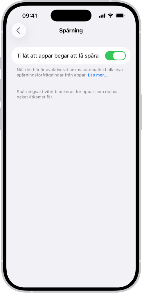 Spårningsskärmen med en inställning för att styra om appar kan begära att få spåra dig på webbplatser eller i appar som ägs av andra företag.
