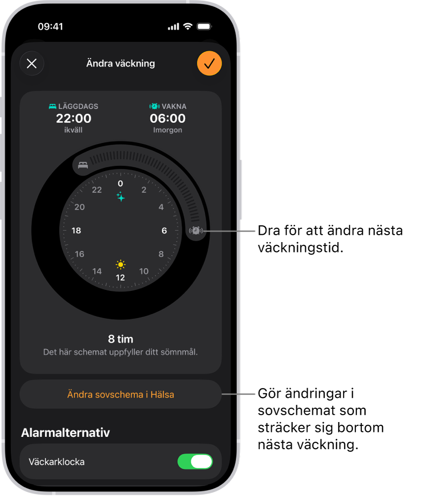 En skärm för att ändra nästa väckarklocka. Platsen för knappen för ringande alarm ställer in tiden för alarmet.