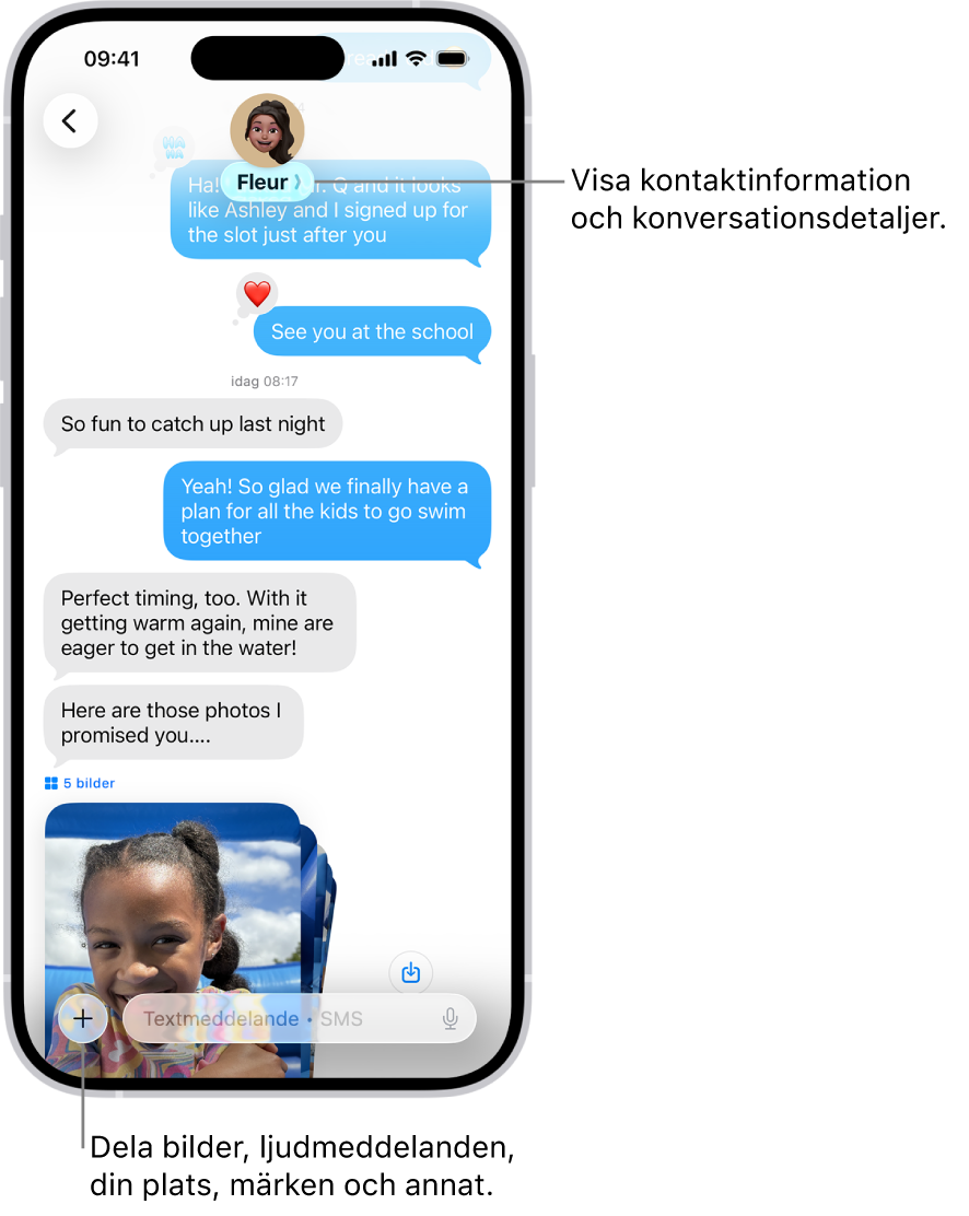En konversation i Meddelanden. Namnet på den person som du skickar meddelanden till finns överst på skärmen. Du kan visa information om konversationen genom att trycka på namnet. Lägg till-knappen finns längst ned till vänster.