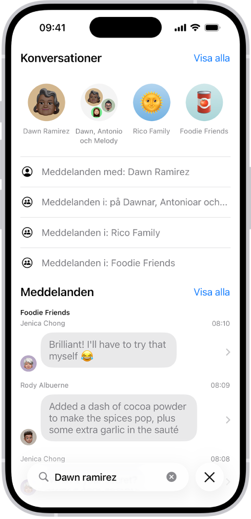 Sökfältet i appen Meddelanden finns längst ned på skärmen. Sökfältet innehåller namnet på en person och flera alternativ som matchar sökningen visas ovanför det.
