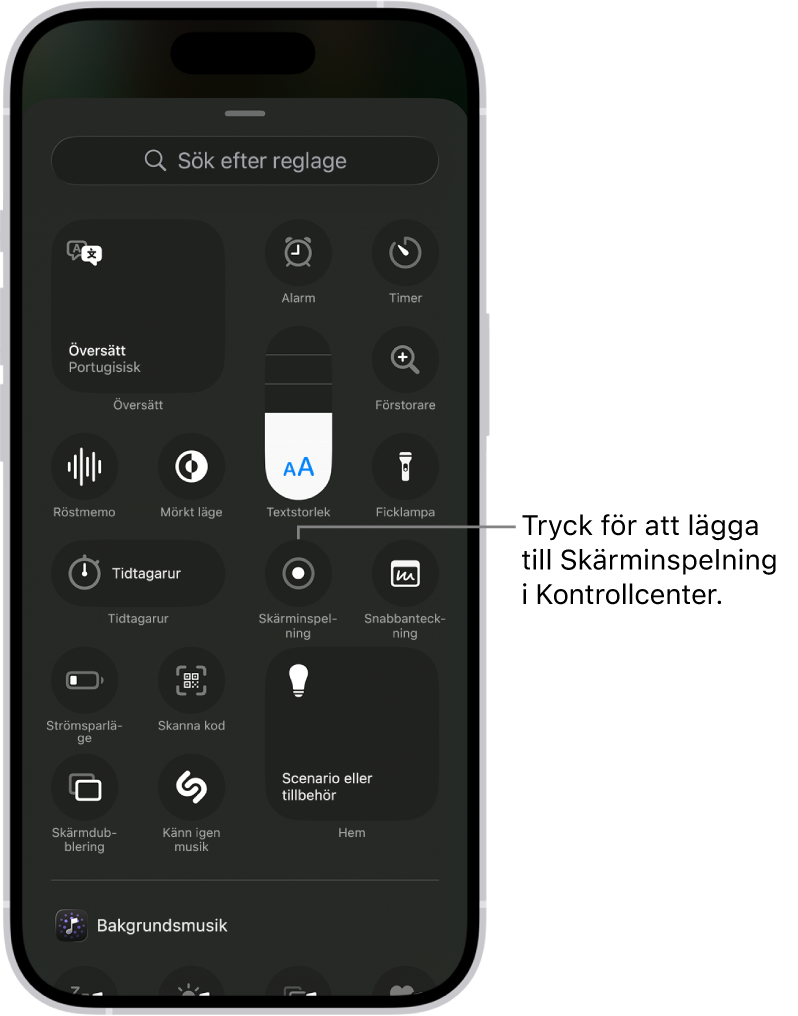 En skärm visar reglage du kan lägga till i Kontrollcenter. Skärminspelningsreglaget är nära mitten.
