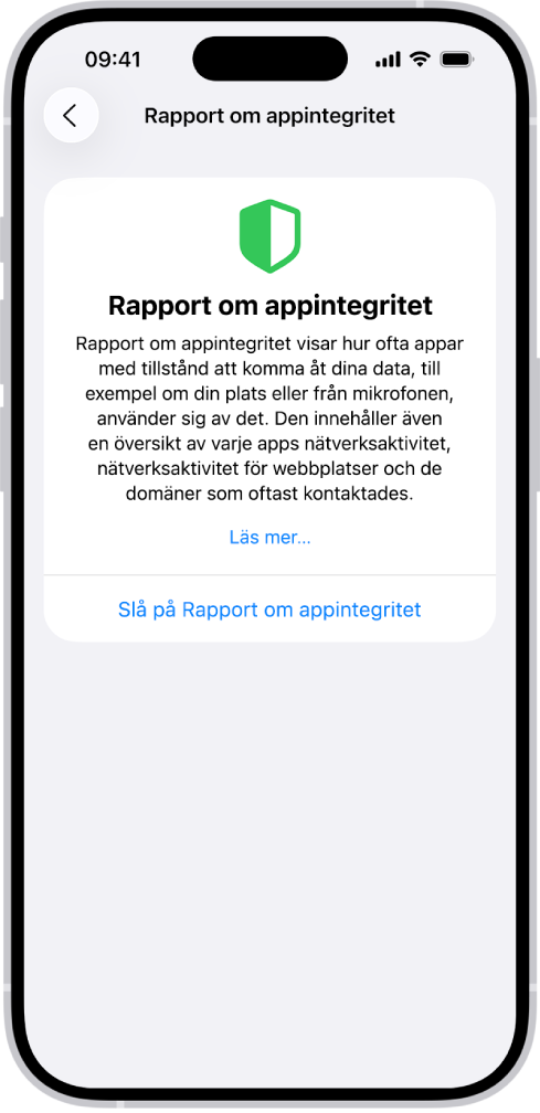 Rapport om appintegritet listar information om appar för kategorin Åtkomst till data och sensorer och information om appar för kategorin Nätverksaktivitet för appar.