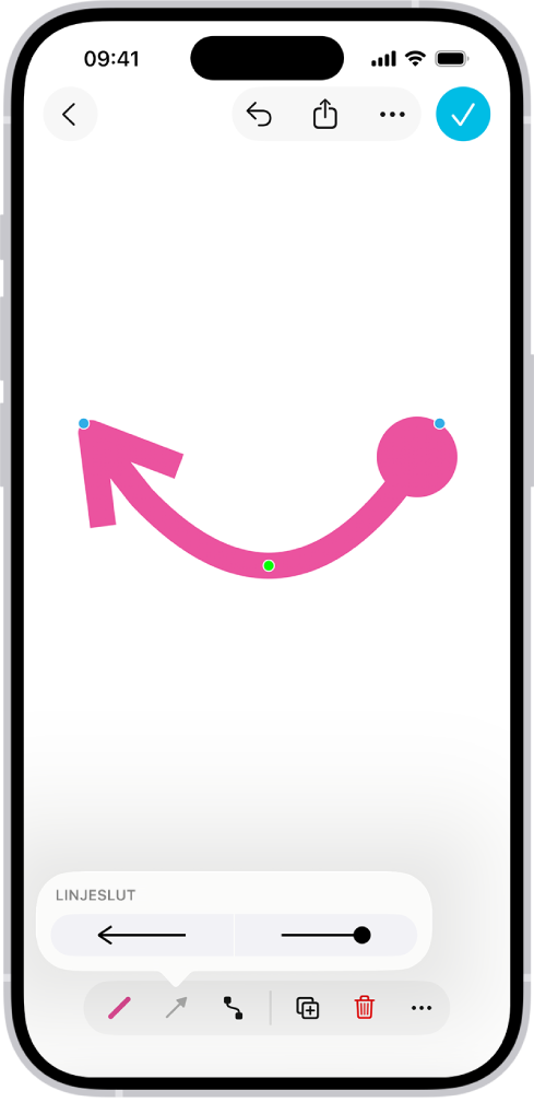 En anslutningslinje på en Freeform-tavla, med blå och gröna punkter till att ändra formen och bågen.