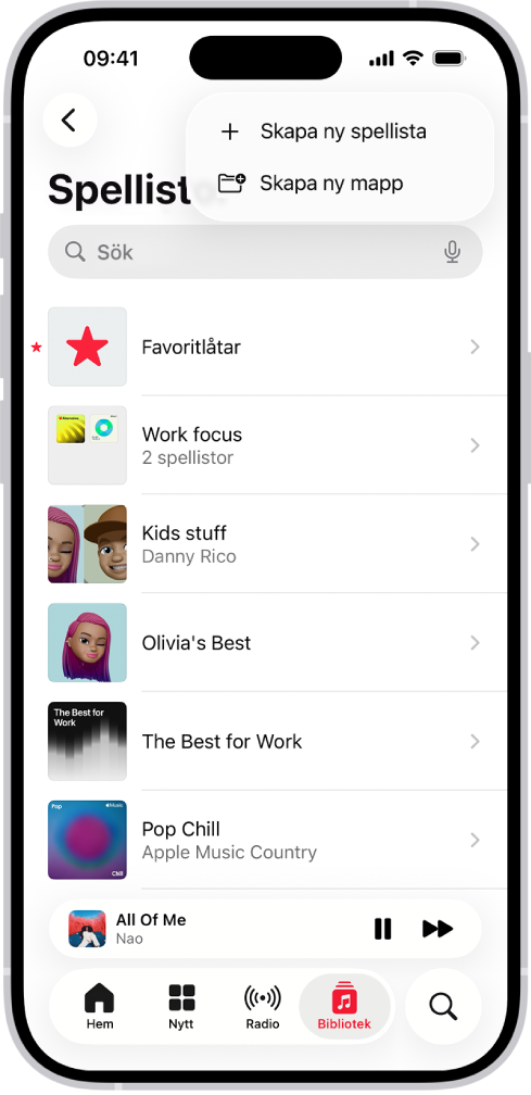 Fliken Bibliotek visar listan med spellistor. Överst finns knappar för att skapa en ny spellista eller skapa en ny mapp.