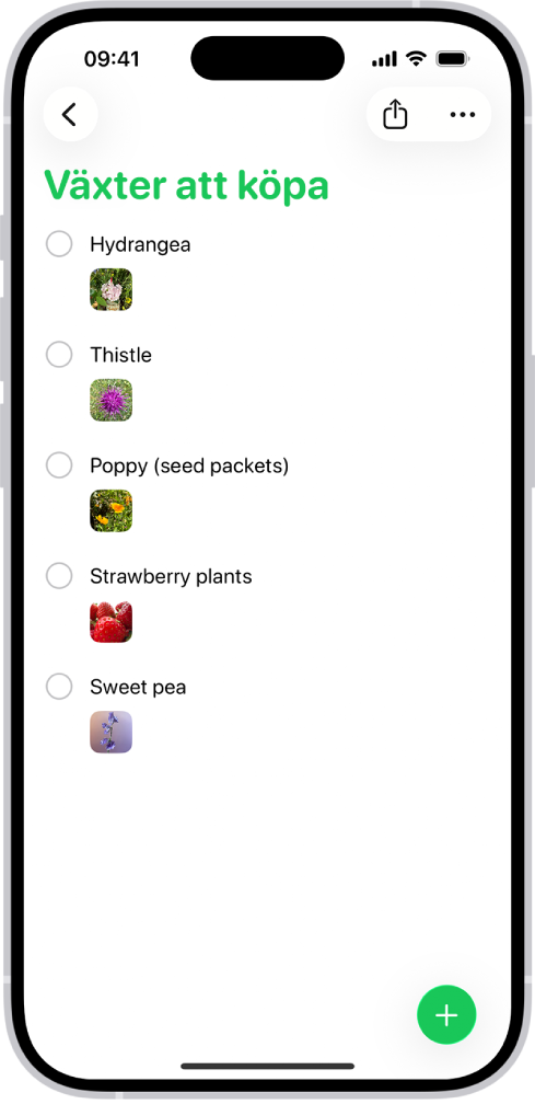 Appen Påminnelser visar en lista med bilder i varje påminnelse.