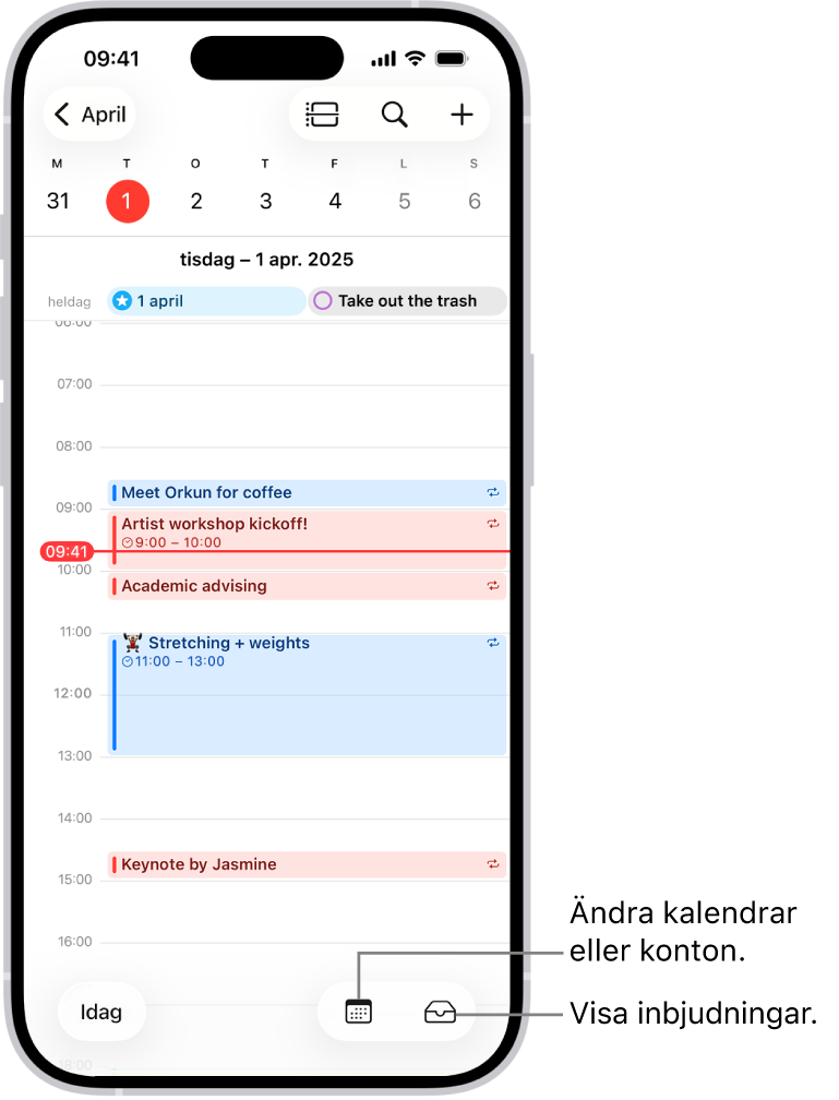 En kalender som visar vyn Dag och dagens aktiviteter. Knappen Kalendrar finns längst ned i mitten av skärmen och knappen Inkorg längst ned till höger.