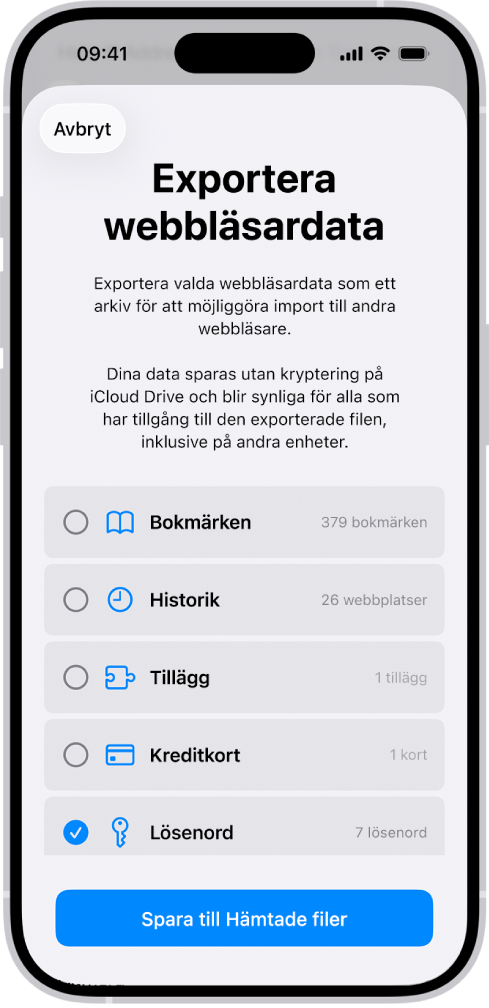 Skärmen Exportera surfdata med alternativet Lösenord markerat för export till en annan lösenordshanterare.