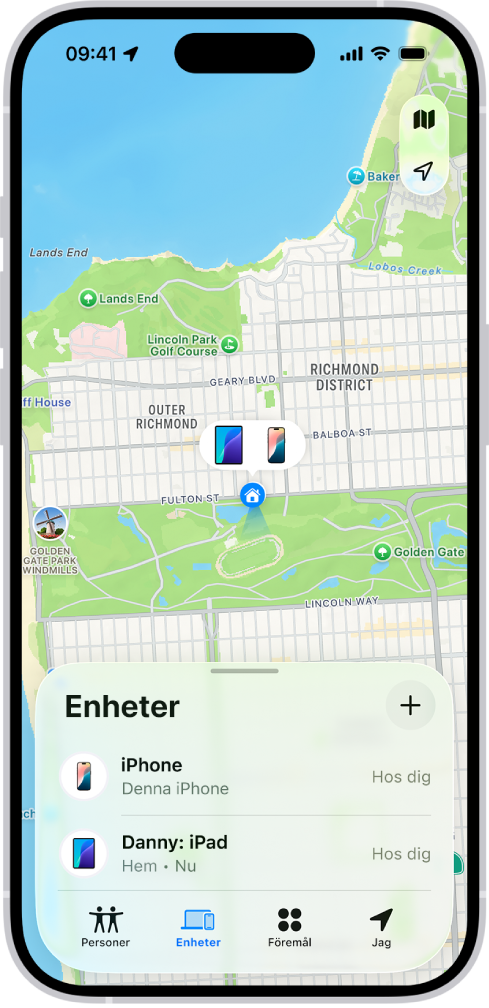 Skärmen Hitta med två enheter hemma.
