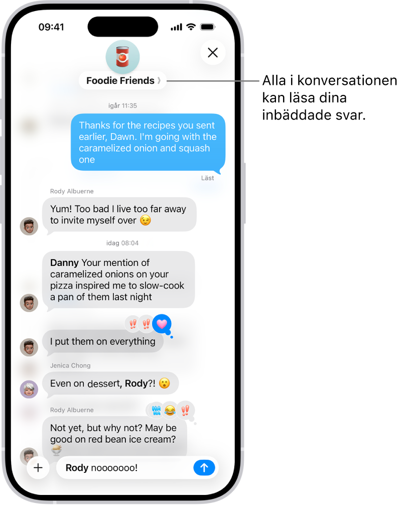 Ett inbäddat svar skrivs inuti en gruppkonversation i Meddelanden. En annan person i konversationen nämns, så dess namn visas i fetstil.